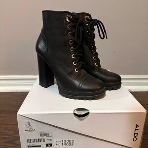Aldo Black Chunky Heel Lace-Up Boots